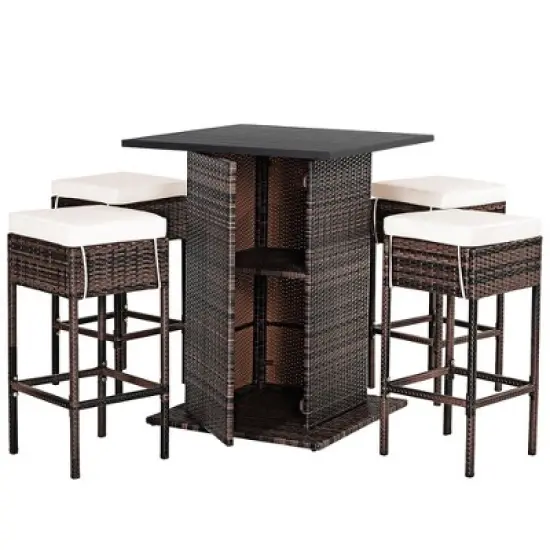Costway Patio 5PCS Rattan Bar Table Stool Set Hidden Storage Shelf Cushioned image {9}