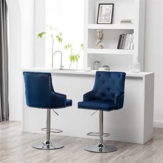 Better Home Products Monroe Velvet Tufted Adjustable Swivel Bar Stool Set Blue image {2}