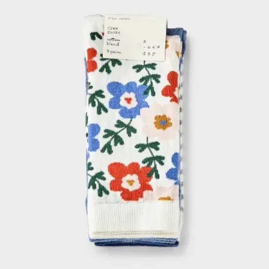 Women's Floral 3pk Crew Socks - A New Day&trade; Ivory/Blue/Gray 4-10: Tagless, Smooth Toe Seams image {1}