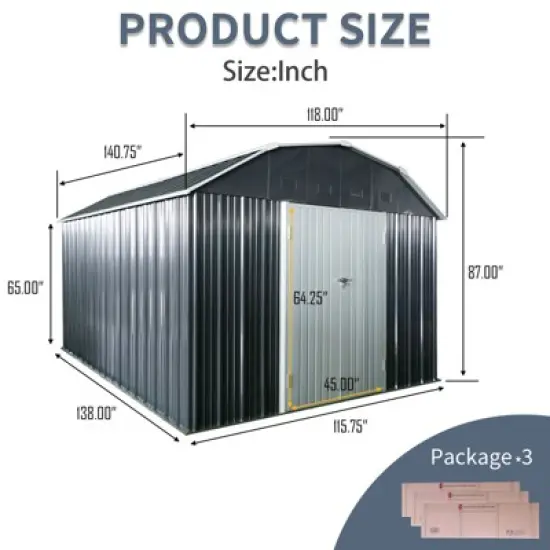 10 ft x 12 ft Outdoor Metal Storage Shed with Arch Roof with Lockable Doors for Backyard Garden Patio Lawn, Black image {2}