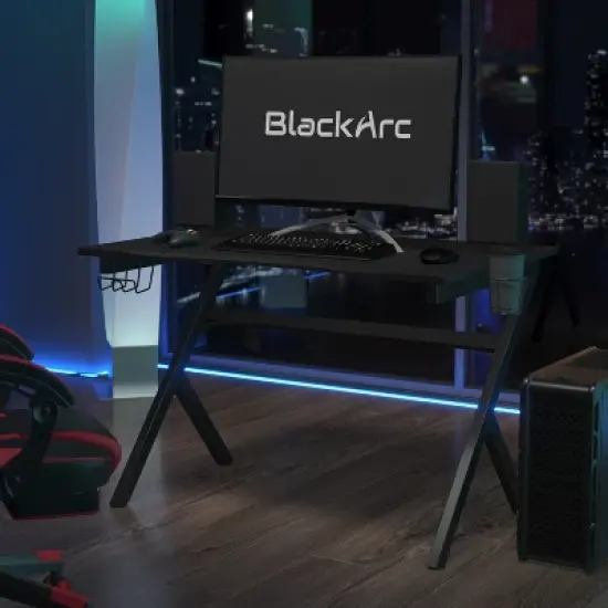 BlackArc Gaming Desk with Carbon Fiber Desktop, Steel Frame and Detachable Cupholder/Headphone Hook, Two Cable Management Holes image {1}