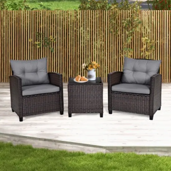 Tangkula Set of 3 Rattan Furniture Set Patio Cushioned Conversation Set Sofa image {1}