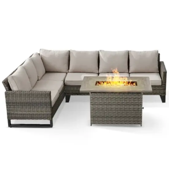 POCASSY All Weather Gray Wicker Outdoor Sectional Sofa with Fire Pit Table, 4PCS Patio Furniture Set with 41" Propane Firepit Table for Outside image {2}