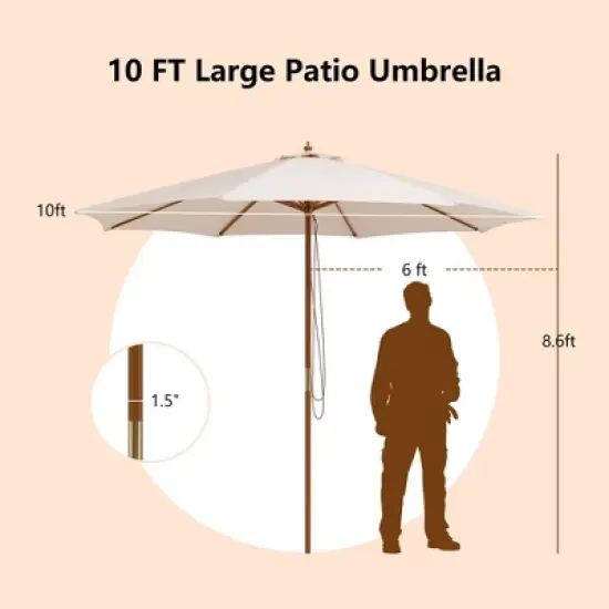 Costway 10FT Patio Wooden Market Table Umbrella Pulley with 8 Bamboo Ribs Sunshade Canopy Coffee/Gray/Navy/Wine/Beige image {2}