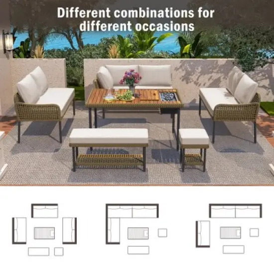 KTMBDW 6-Piece Rope Patio Furniture L-Shaped Set, Outdoor Sectional Sofa Set with Acacia Wood Table with Ice Box, Rope Benches for Garden, Porch, Deck image {3}