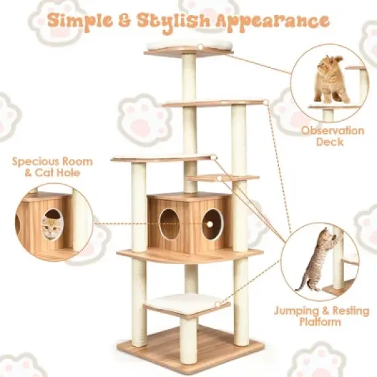 Costway 69" Modern Cat Tree Multi-layer Kitten Activity Tower w/ Removable Soft Mat image {6}