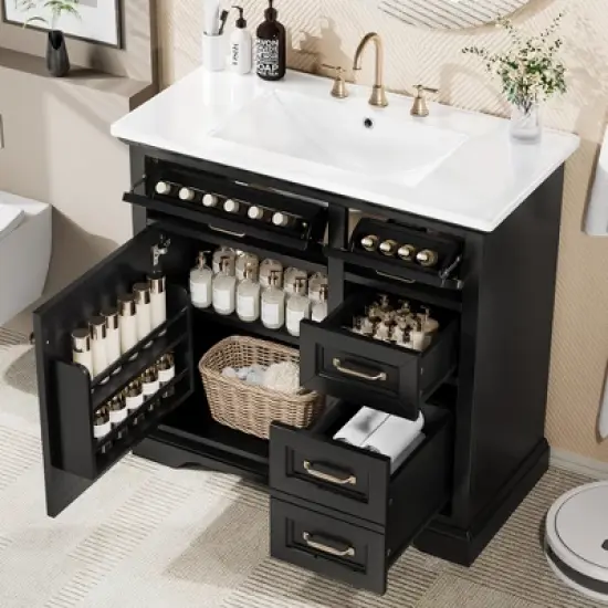 Christopher Knight Home Timeus 36" Modern Bathroom Vanity with Ceramic Sink, Drawers image {1}
