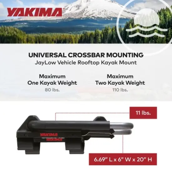 Yakima JayLow Rooftop Mounted Kayak Rack for Vehicles Carrying Up To 2 Kayaks in J Cradle Position with Heavy Duty Straps, Bow and Stern Tie Downs image {3}