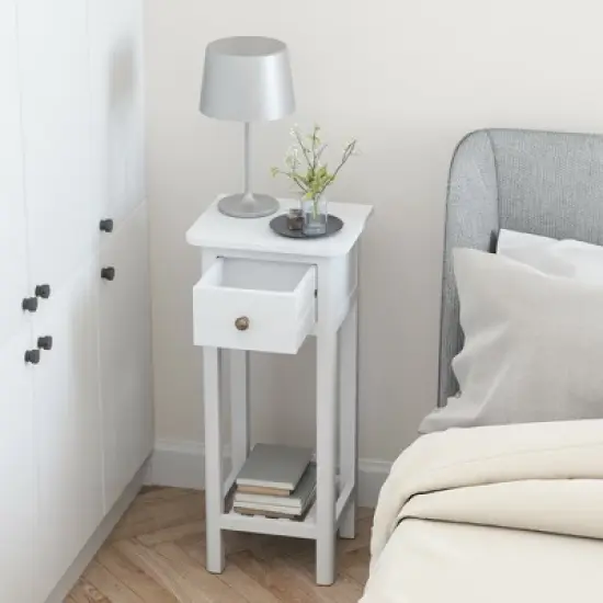 Costway 2 Tier End Bedside Sofa Side Table with Drawer Shelf Acacia Wood Nightstand White image {3}