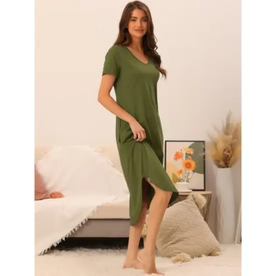 cheibear Women's V Neck Short Sleeve Long Nightgown Lounge Dress with Pocket image {1}