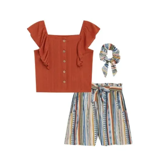 Beautees Girls' 2PC Square Neck Top with Tie Front Short image {3}