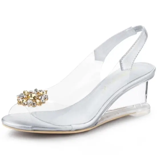 Allegra K Women's Clear Slingback Wedges Rhinestone Transparent Peep Toe Heels image {9}