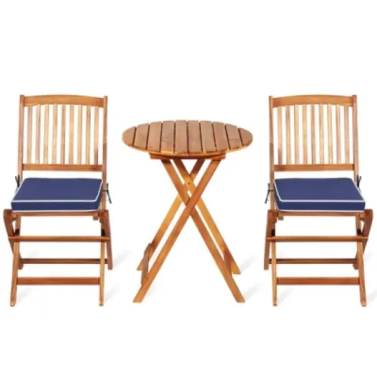 Tangkula 3PCS Folding Patio Conversation Set Acacia Wood Bistro Set w/ Cushions image {10}