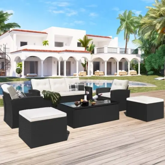 6pc Wicker Patio Conversation Set with Sofa, Arm Chairs, Ottomans & Coffee Table  - Black/Beige - GODEER image {2}