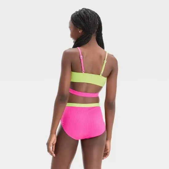Girls' 3pc Ribbed Colorblock Cropped Rash Guard Swimwear Set - art class&trade; Pink image {2}