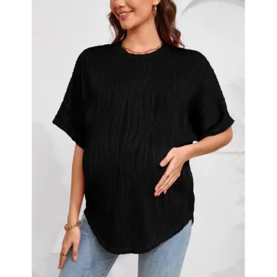 Womens Maternity Shirts Summer Ribbed knit Short Sleeve Casual Pregnancy Clothes Crewneck Loose Maternity Tops image {2}