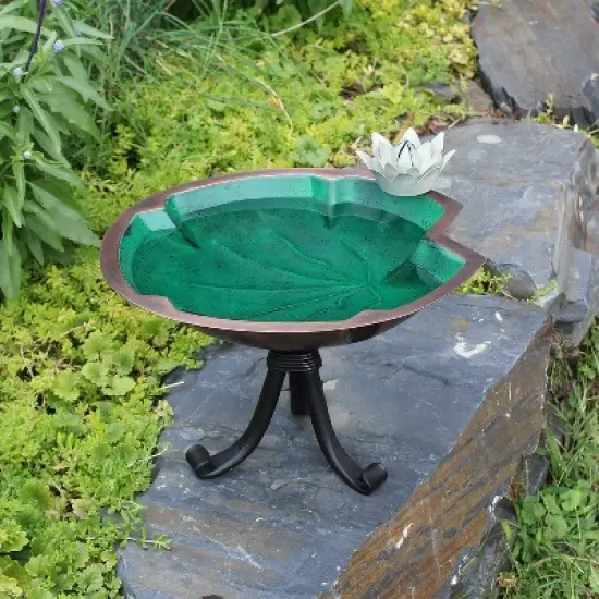 10.2" ACHLA Designs Lily Pad Birdbath: Antique Copper, No Assembly, Freestanding Iron Stand image {1}