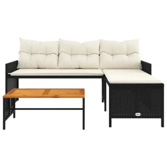 vidaXL L-Shaped Patio Sofa Set - Black Poly Rattan Outdoor Furniture with Acacia Wood Table and Cream White Cushions image {4}
