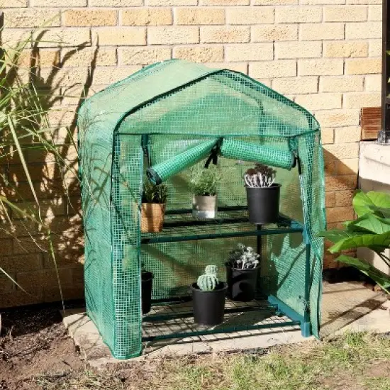 Sunnydaze Outdoor Portable Growing Rack 2-Tier Greenhouse with Roll-Up Door - 2 Shelves - Green image {7}