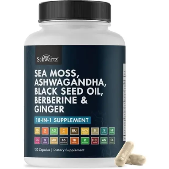 Sea Moss Ashwagandha Black Seed Oil Berberine and Ginger Supplement Capsule, 18 Key Nutrients for Overall Health Support, Bioschwartz, 120ct image {8}