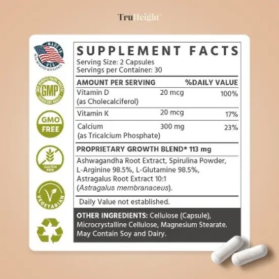 TruHeight Growth Capsules - Natural Growth & Development Supplement for Kids & Teens - Vitamin D, K, Calcium Kids Vitamins, Bone Strength, Ages 5+ image {5}