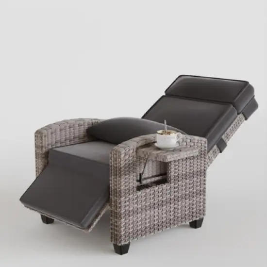 Patio Rattan Recliner Chair with Adjustable Backrest, 150&deg; Lay Flat, Flip-Up Table image {4}
