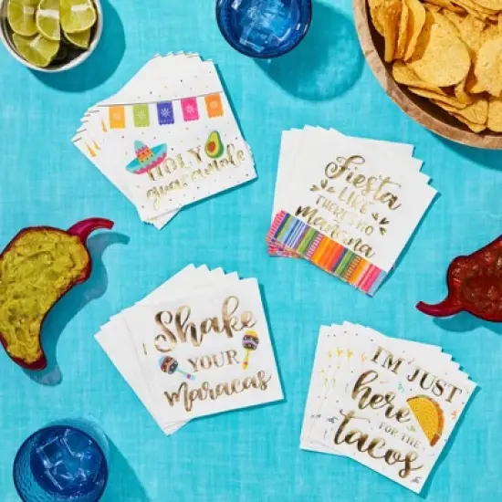 Blue Panda 100 Pack Gold Foil Napkins for Mexican Cinco de Mayo Decorations, 4 Designs, 5 x 5 inches image {2}