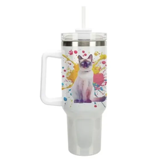 100 North 40 Ounce Stainless Steel Double Wall Insulated Glitter Travel Tumbler With Handle, Straw, and Lid, Siamese Cat White image {5}