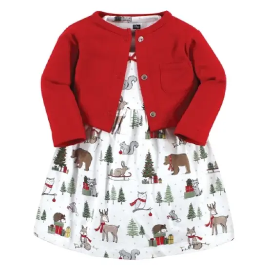 Hudson Baby Infant and Toddler Girl Cotton Dress and Cardigan Set, Red Winter Forest image {6}