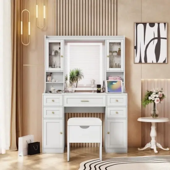 TOBILI 41.4" Makeup Vanity Desk with Mirror and Lights, Makeup Table with 5 Drawers and 4 Cabinets,White image {3}