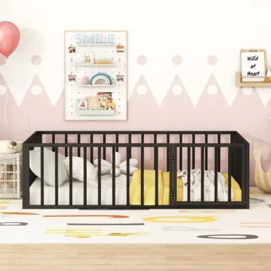 Okak Metal Floor Bed Twin/Full/Queen,Montessori Bed Frame with Safety Rails & Lockable Door, Toddler Bed for Kids Room & Nursery image {5}