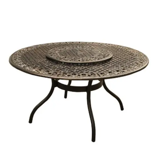 7pc Patio Dining Set with 59" Rose Ornate Traditional Mesh Lattice Aluminum Round Table with Lazy Susan - Bronze - Oakland Living image {2}