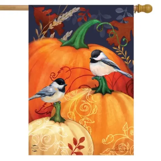 Pumpkins and Chickadees Fall House Flag Autumn Birds 28" x 40" Briarwood Lane image {1}