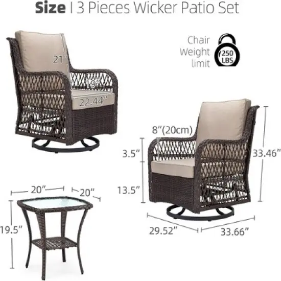 GustoWave 3-Piece Outdoor Wicker Patio Bistro Set  for Backyard, Porch, Deck, Balcony, Garden image {2}