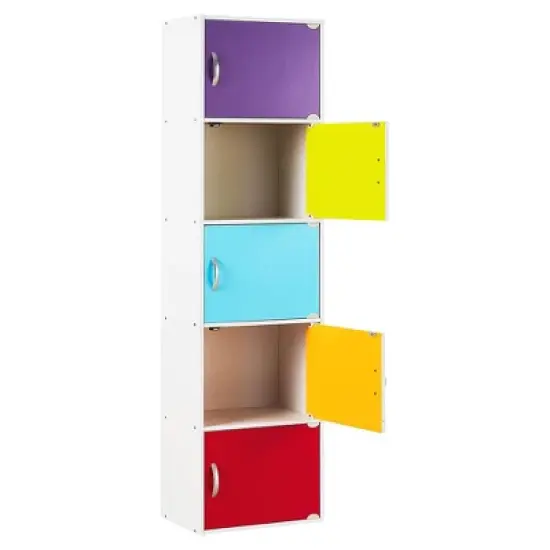 Hodedah HID5 High Quality 5 Shelf Home, Office, and School Enclosed Organization Storage 59 Inch Tall Slim Bookcase Cabinets, Rainbow Finish image {1}