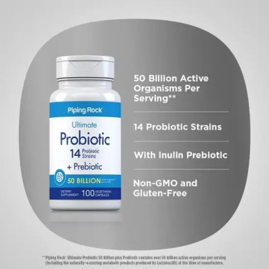 Piping Rock Probiotic | 14 Strains 50 Billion Organisms | Plus Prebiotic | 100 Capsules image {3}