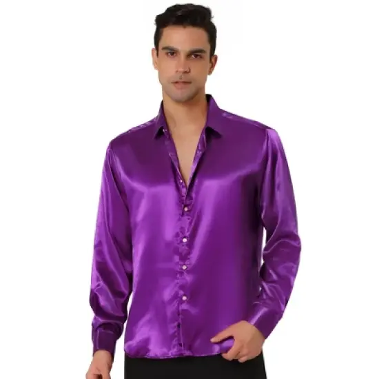 Lars Amadeus Men's Dress Satin V Neck Long Sleeves Button Down Slim Fit Prom Party Shirts image {6}
