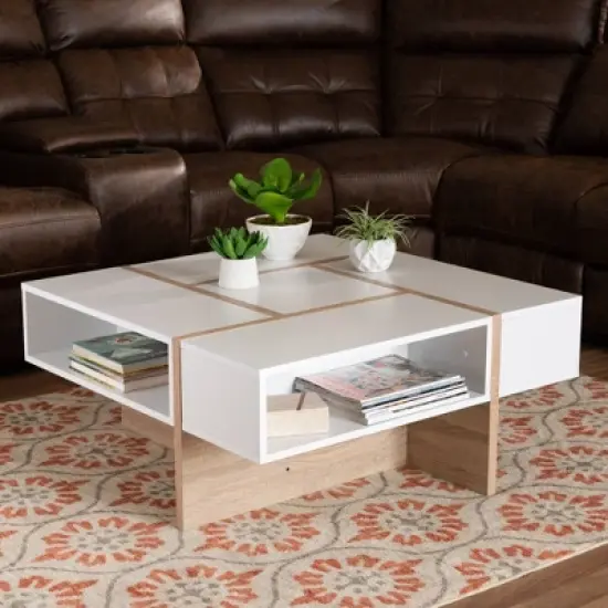 Rasa Wood Coffee Table White/Oak - Baxton Studio: Modern Living Room Furniture, Geometric Design, Open Storage Shelves image {4}