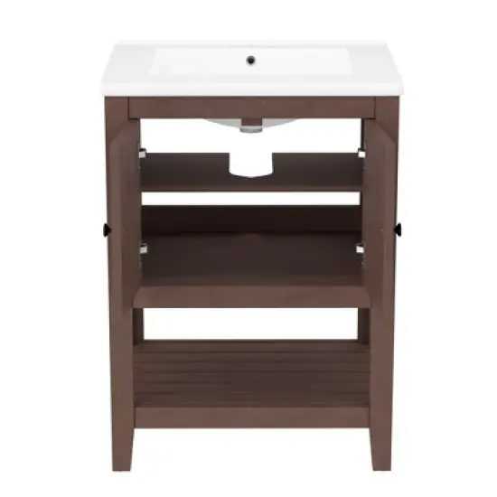 KIGFTSOD 24" White Modern Sleek Bathroom Vanity Elegant Ceramic Sink with Solid Wood Frame Open Style Shelf image {8}