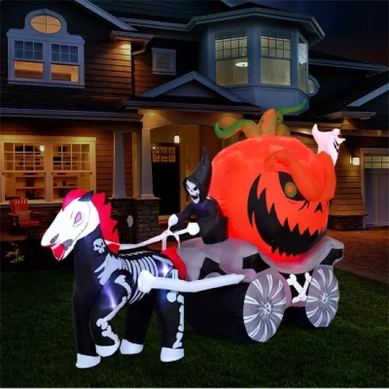 Joyfy 8 FT Long Halloween Inflatable Outdoor Decoration, Inflatable Pumpkin Carriage with Build-in LEDs for Halloween Outdoor Yard Graden Lawn Decor image {7}