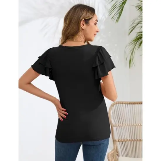Coolmee Women's Maternity Shirts Nursing Tops Flying Short Sleeve Breastfeeding Tees Lightweight Side Ruched Pregnancy Clothes L Black image {2}