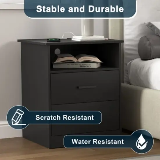 Resenkos Wood Nightstand With Charging Station, Bedside Table With 2 Drawers, Night Stand With Storage For Bedroom, image {8}