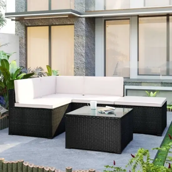 5pc Wicker Patio Conversation Set with Cushions - Black/Beige - GODEER image {3}