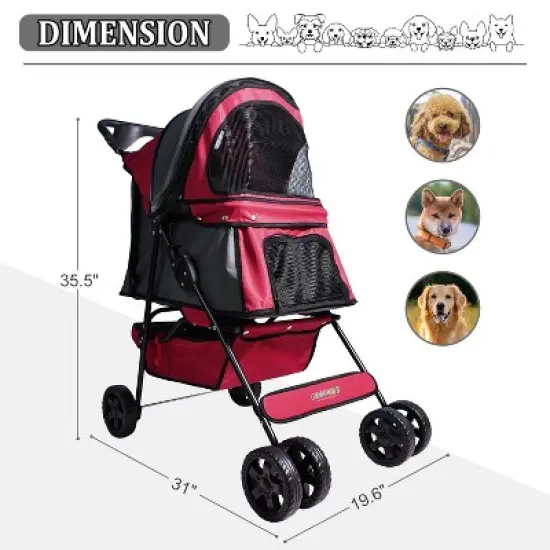 GOOPAWS 4-Wheel Promenade Pet Stroller for Small Dogs Cats, Maroon, 36'' image {4}