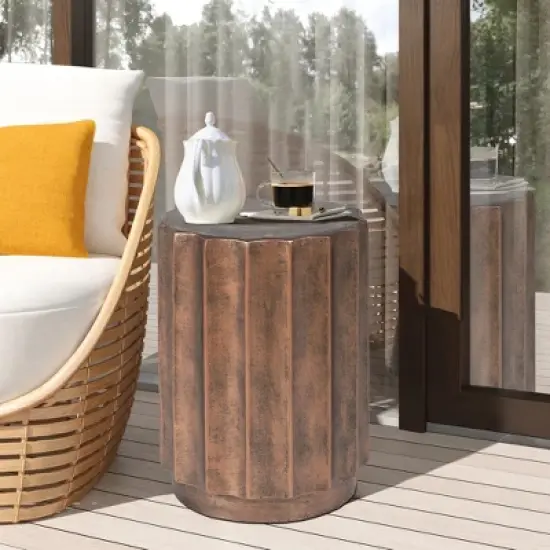 LuxenHome Outdoor Side Table,18" Weathered Copper Brown Cement Round Patio End Table,Accent Table for Outdoor and Indoor image {5}
