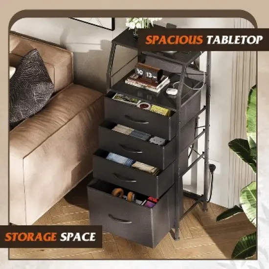 GALAXHERO Night Stand Set of 2 with Charging Station Nightstand with LED Light and 4 Storage Drawers Bedside Tables Wood Shelf Metal Frame 31.9" Tall image {3}