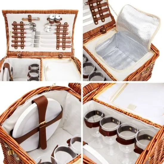 Juvale Juvale Wicker Picnic Basket for 4 with Utensils, Glasses, and Insulated Cooler Bag - Camping and Picnic Essentials Kit image {8}