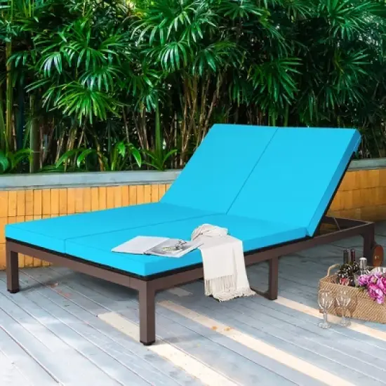 Costway 2-Person Patio Rattan Lounge Chair Chaise Recliner Adjustable Cushion Turquoise image {10}