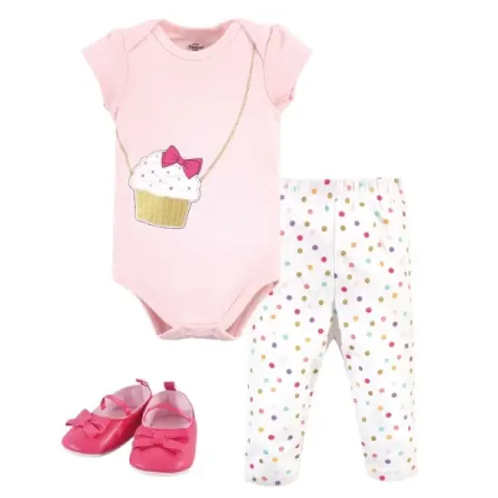Little Treasure Baby Girl Cotton Bodysuit, Pant and Shoe 3pc Set, Cupcake image {1}