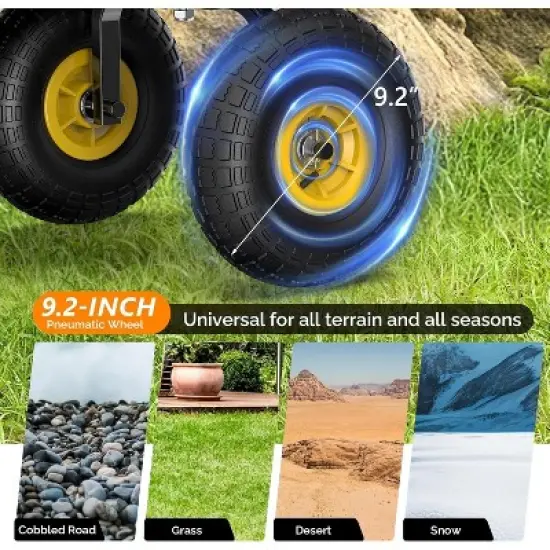 VINGLI Wagon Cart, Steel Frame and Wood Coated Railing, 330lbs All Terrain Wagon 9.2in Solid Tires for Kids Garden and Outdoor (Yellow) image {4}